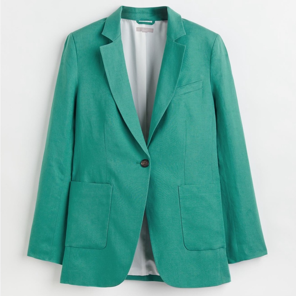 H&M Green Blazer with Notched Lapels and Relaxed Fit